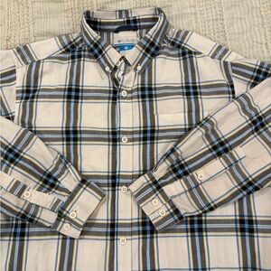 Columbia Men’s Plaid Button-Down Shirt White Yellow Blue Size Large Cotton